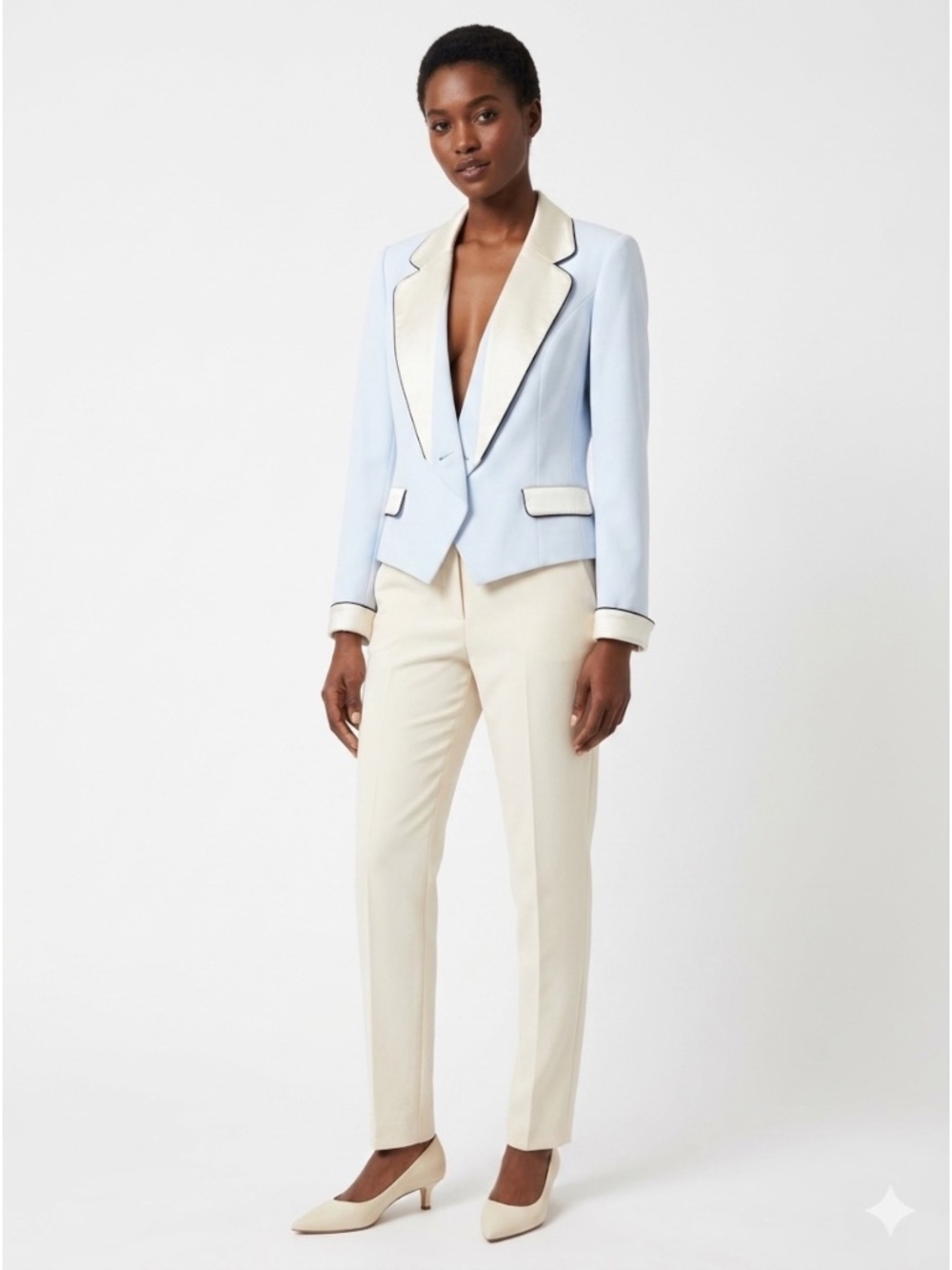 SUNNY CHOI Baby Blue Blazer Cream Silk Trim Tuxedo Style (Flaw) Sz 12